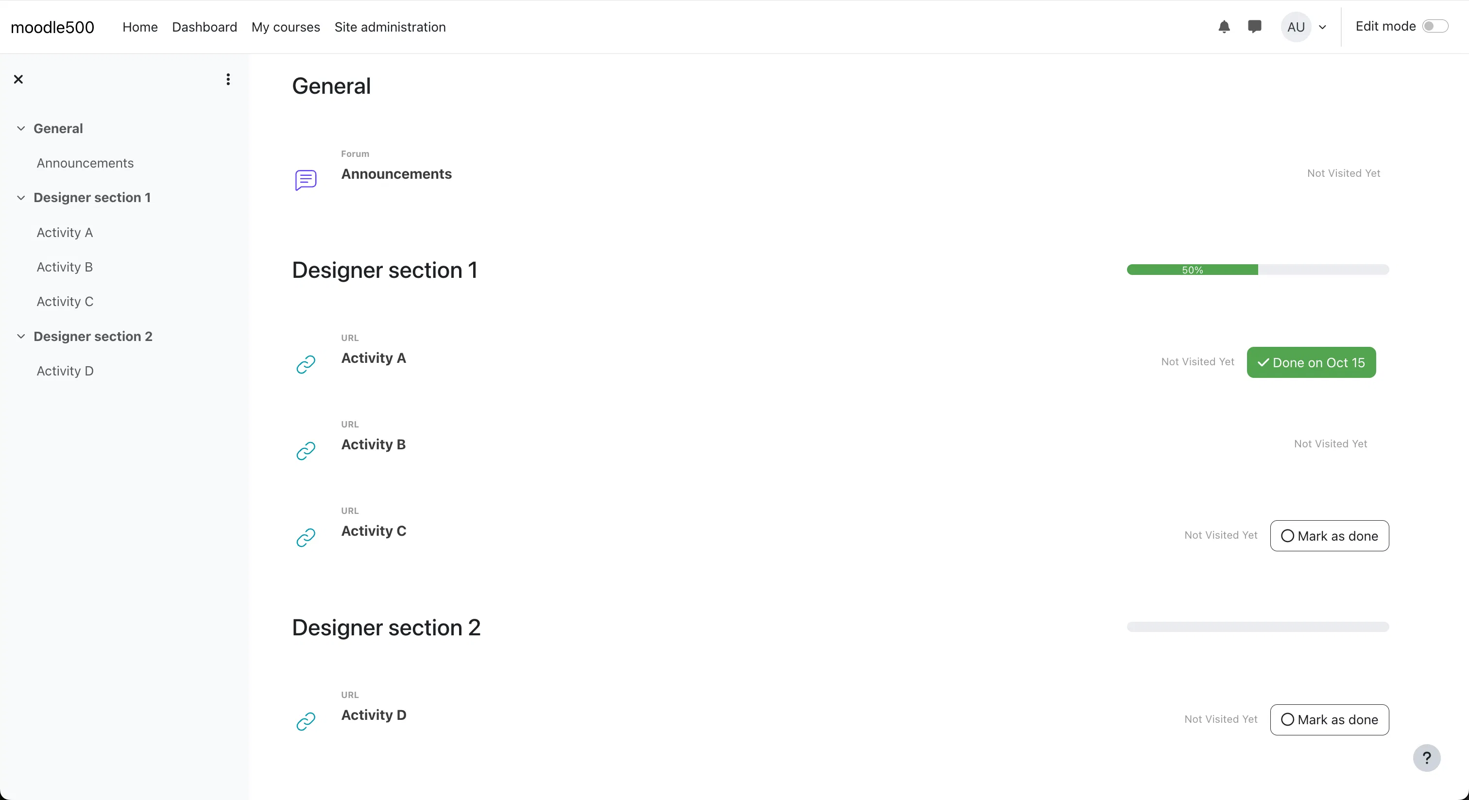 Screenshot of a Moodle course with format_designer applied