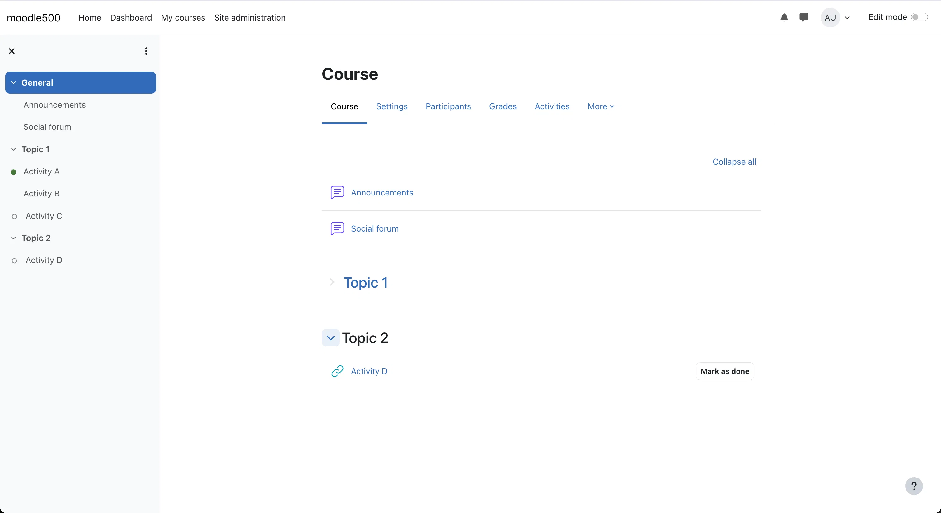 Screenshot of a Moodle course with format_flexsection applied