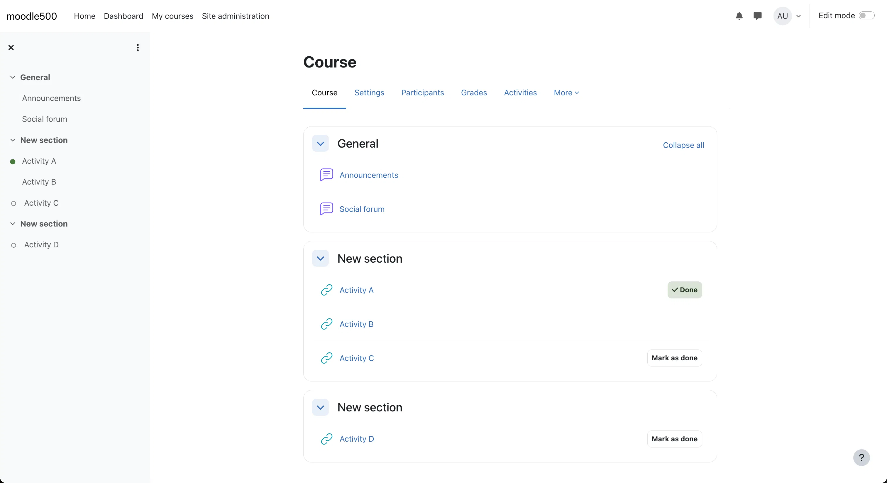Screenshot of a Moodle course with format_topic applied