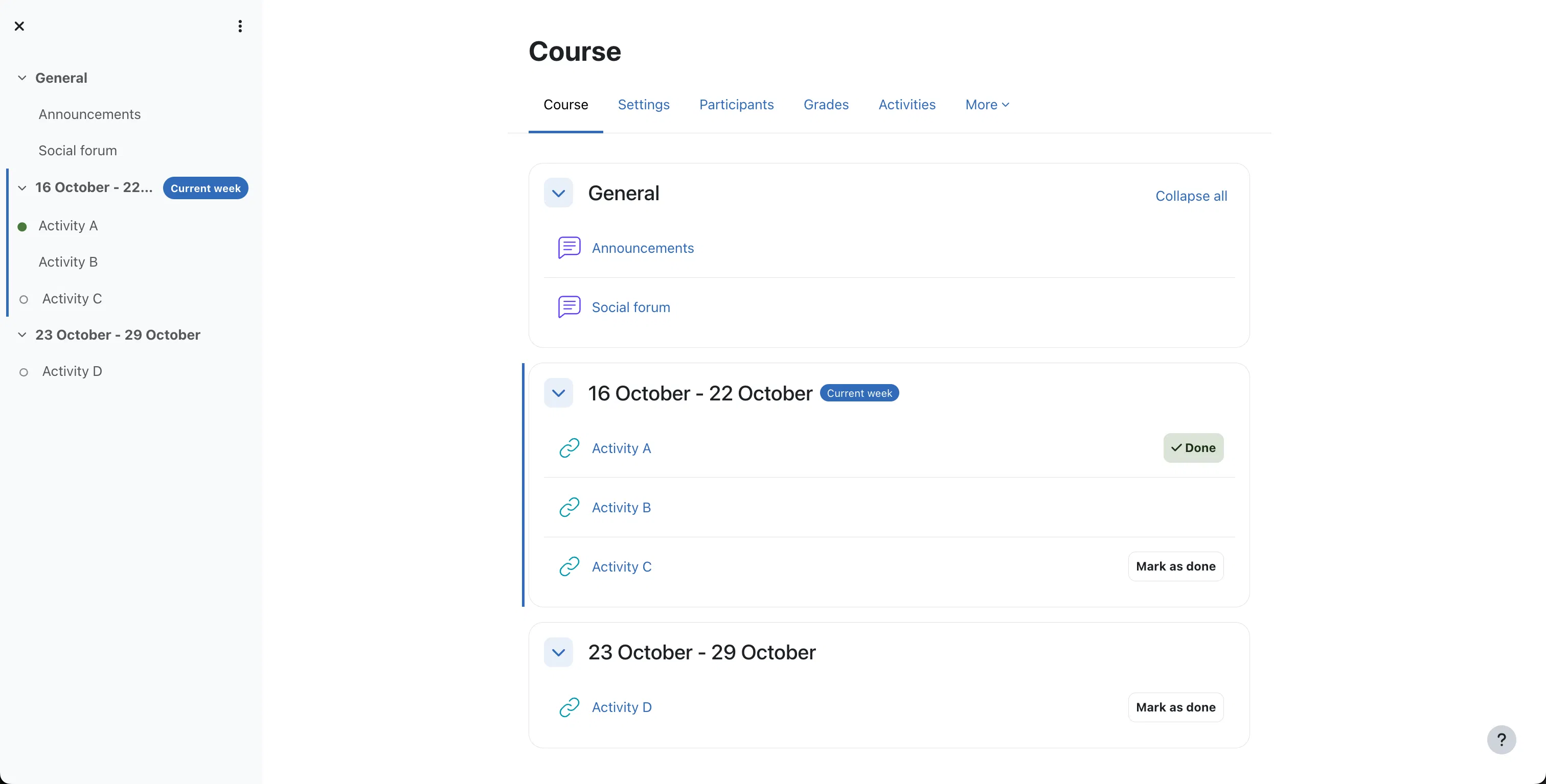 Screenshot of a Moodle course with format_weekly applied