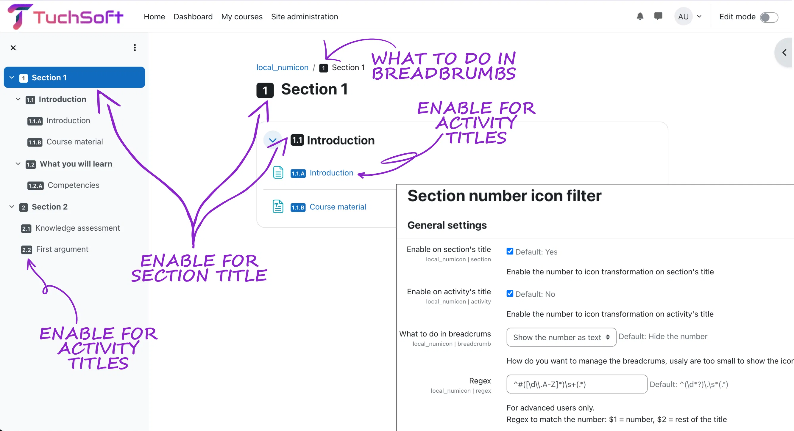 Course number icon filter screenshot showing the display settings and their effect