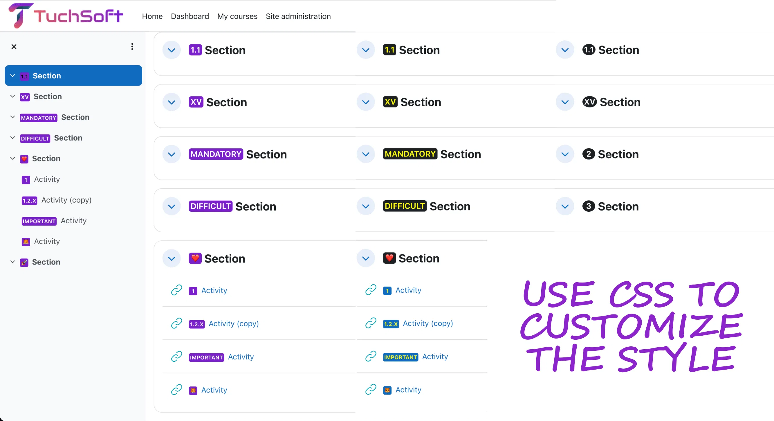 Course number icon filter screenshot showing the styling options