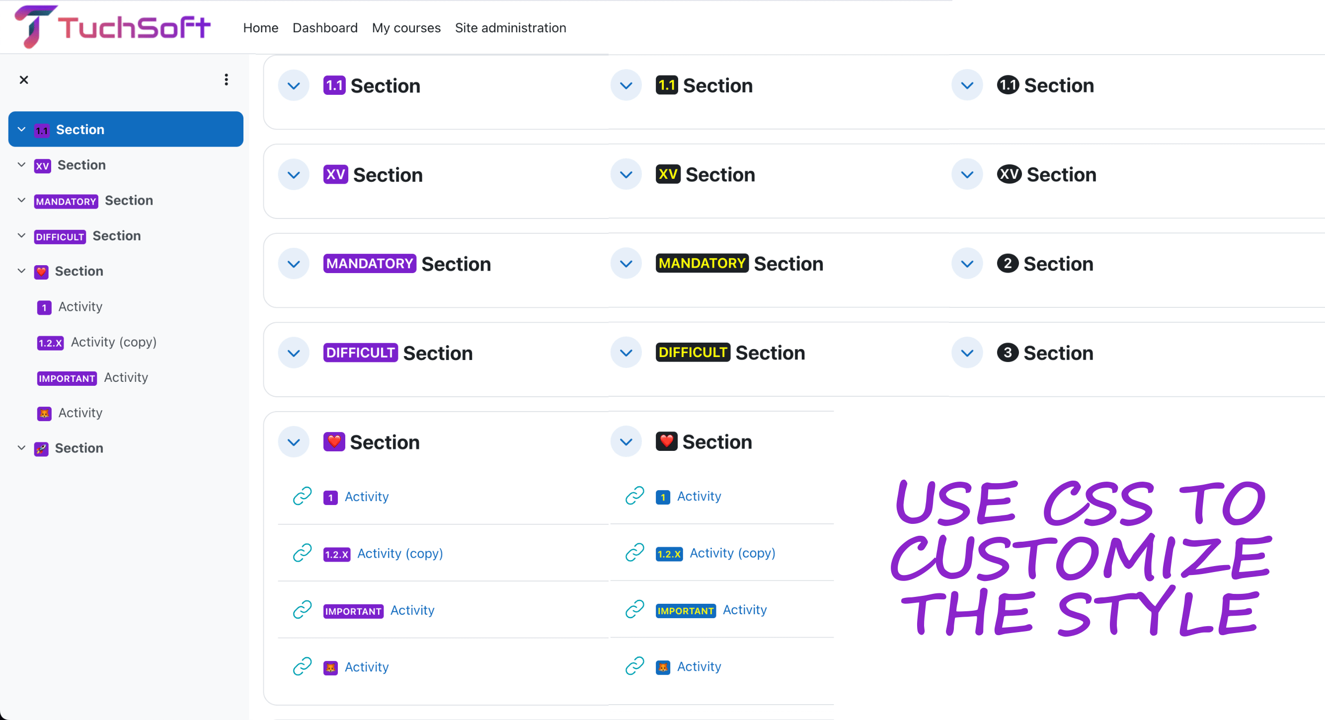 Course number icon filter screenshot showing the styling options